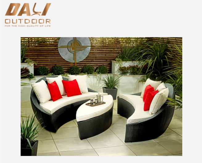 Popüler Patio hasır mobilya yuvarlak bahçe şezlongu/rattan divan minderli